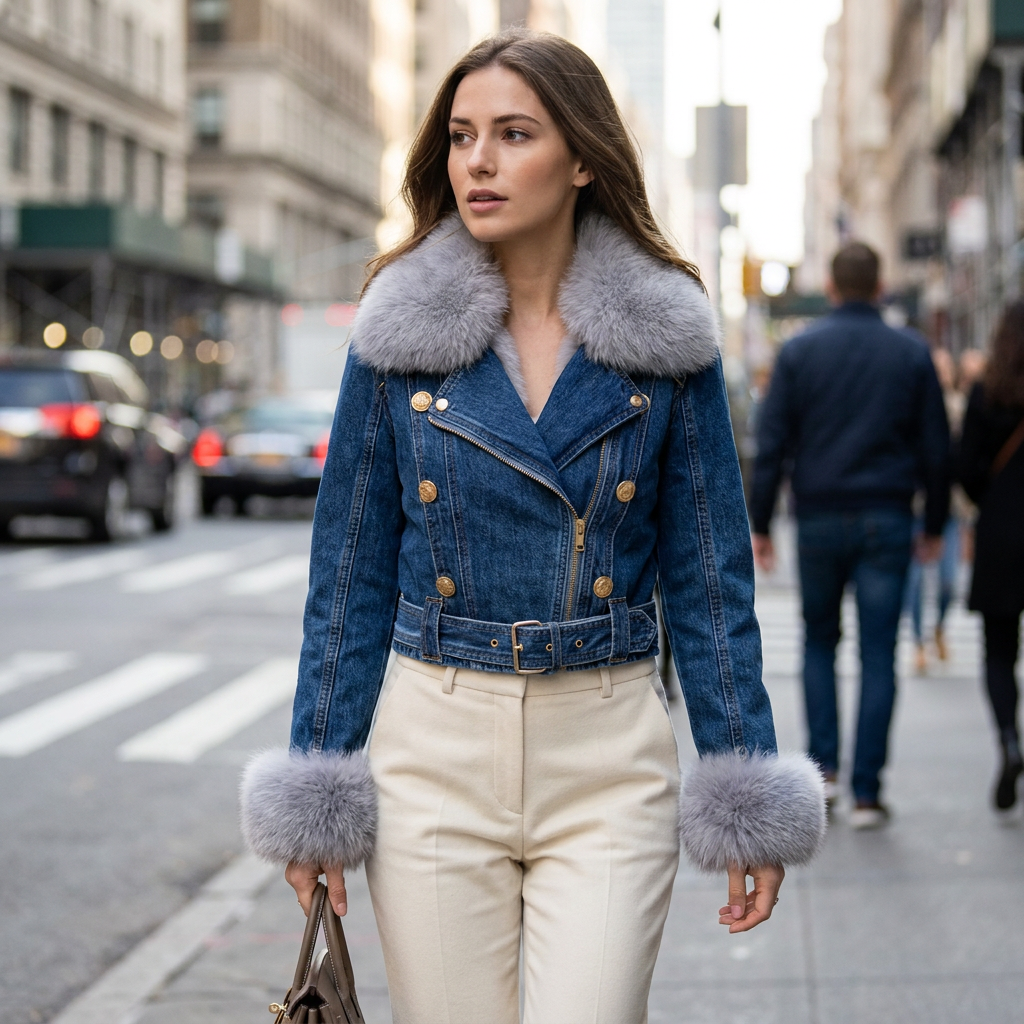 Faux Fur Denim Jacket Women — Cropped Biker Style 2