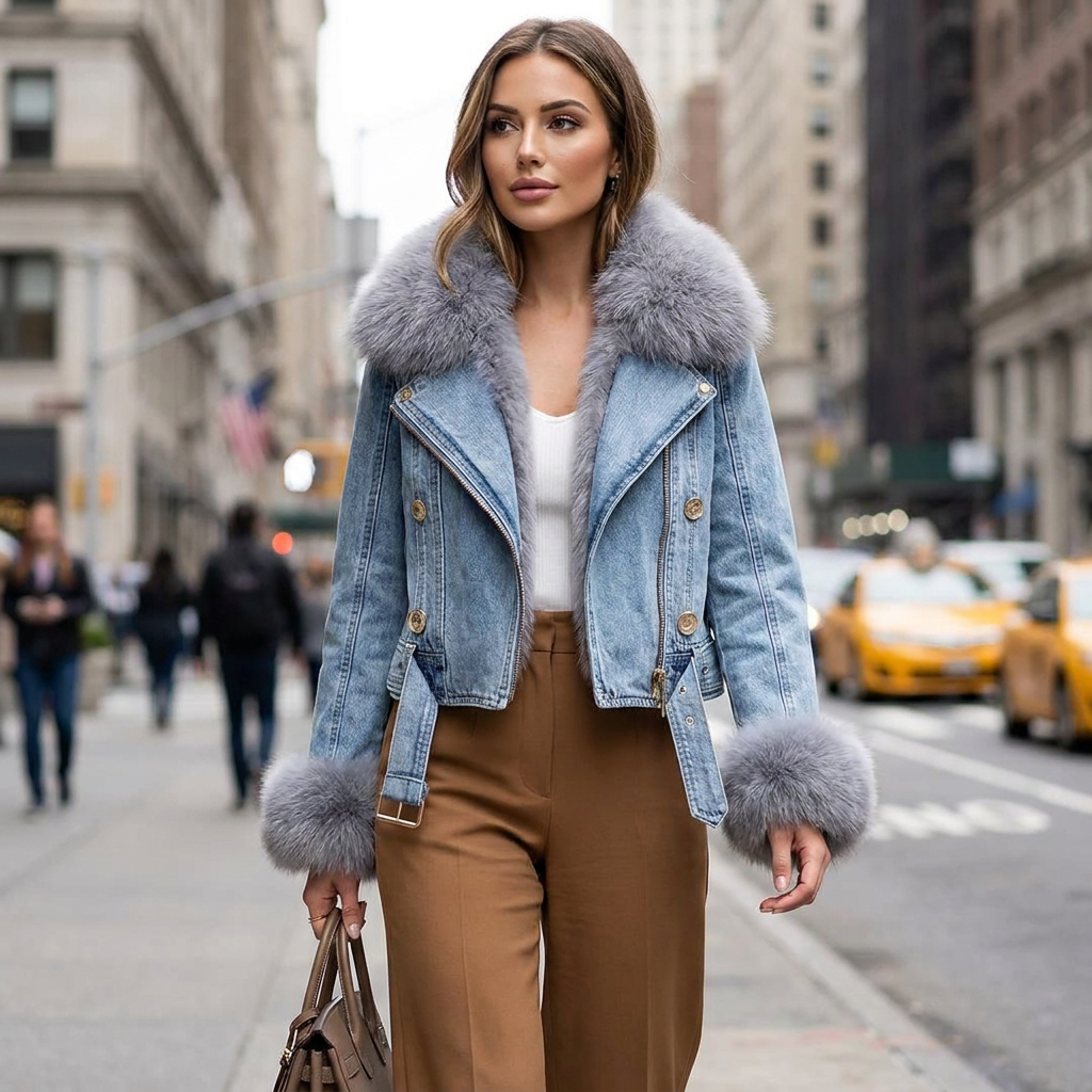 Faux Fur Denim Jacket Women — Cropped Biker Style 10