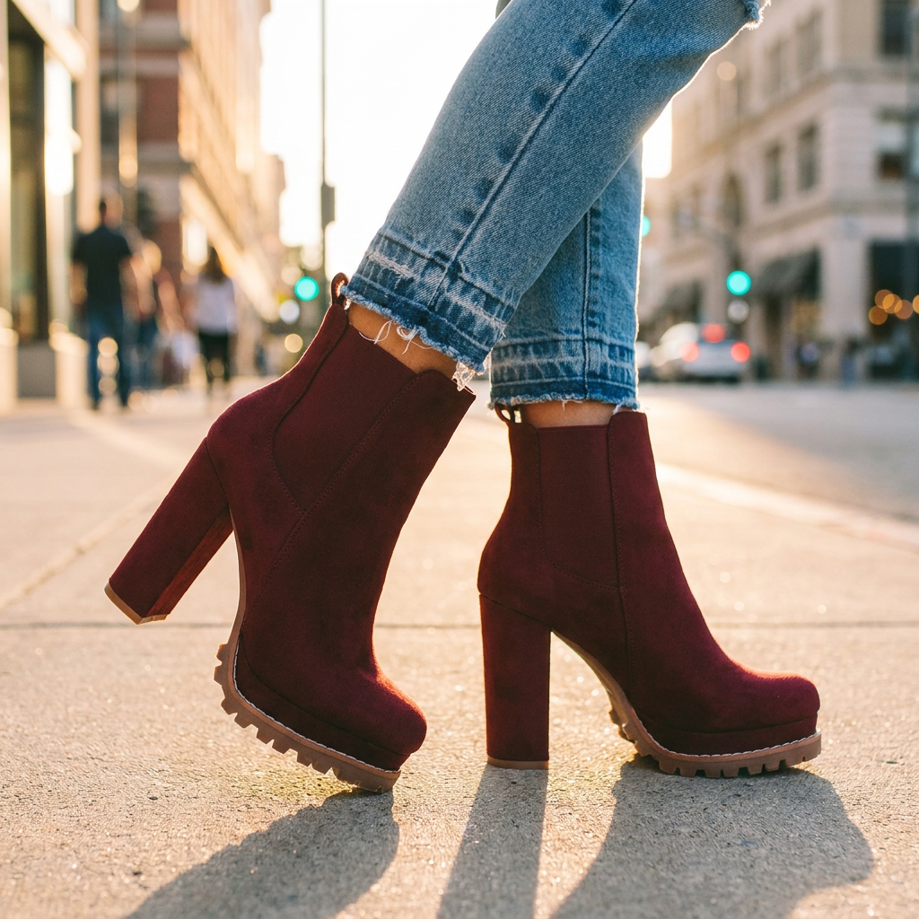 Ivy Block Heel Ankle Boots — Cow Suede Lugged Platform Sole 6