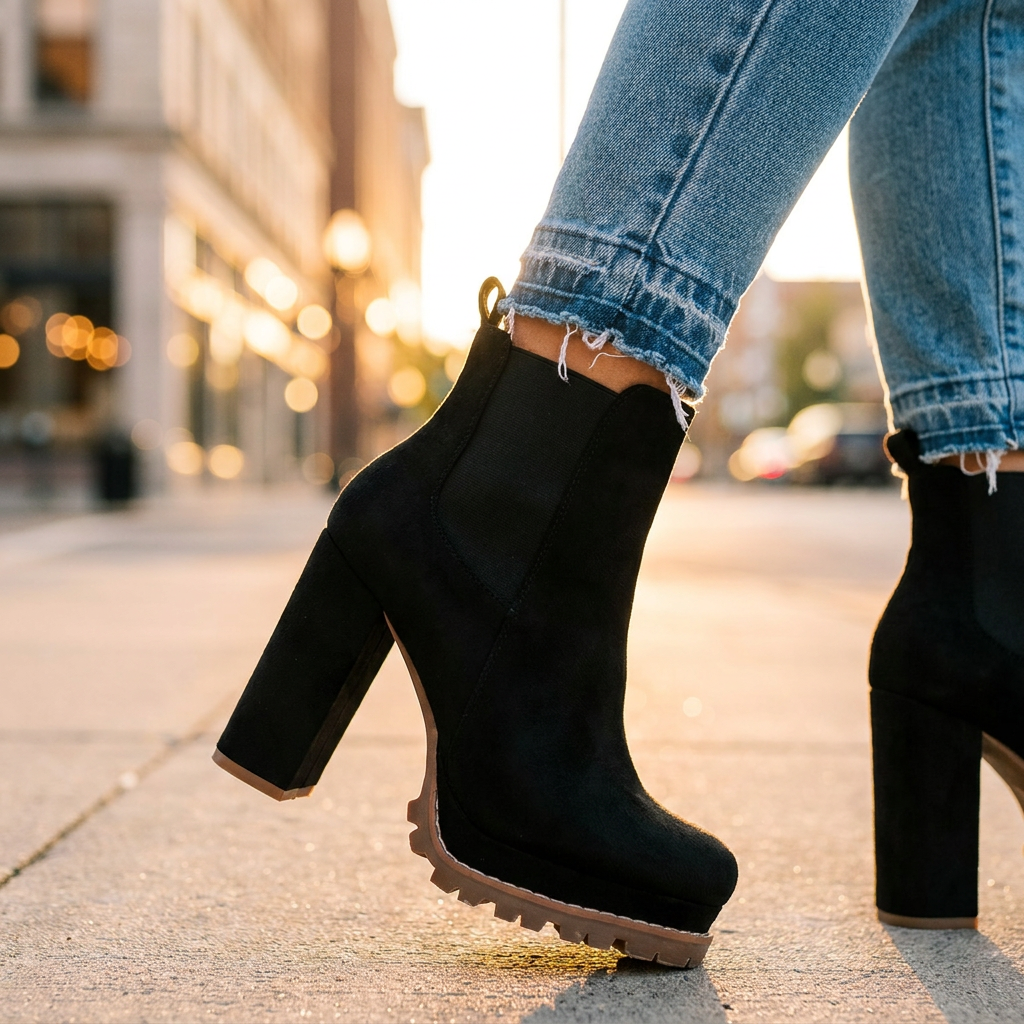 Ivy Block Heel Ankle Boots — Cow Suede Lugged Platform Sole 7