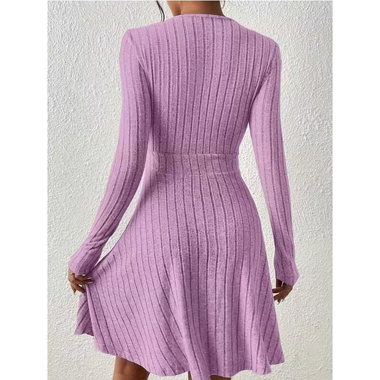 Ribbed Knit Wrap Mini Dress — V-Neckline Long Sleeves 2