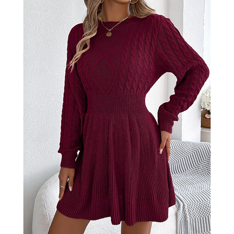 Cable Knit Sweater Dress — Fitted Waist & Flared Mini Skirt 4
