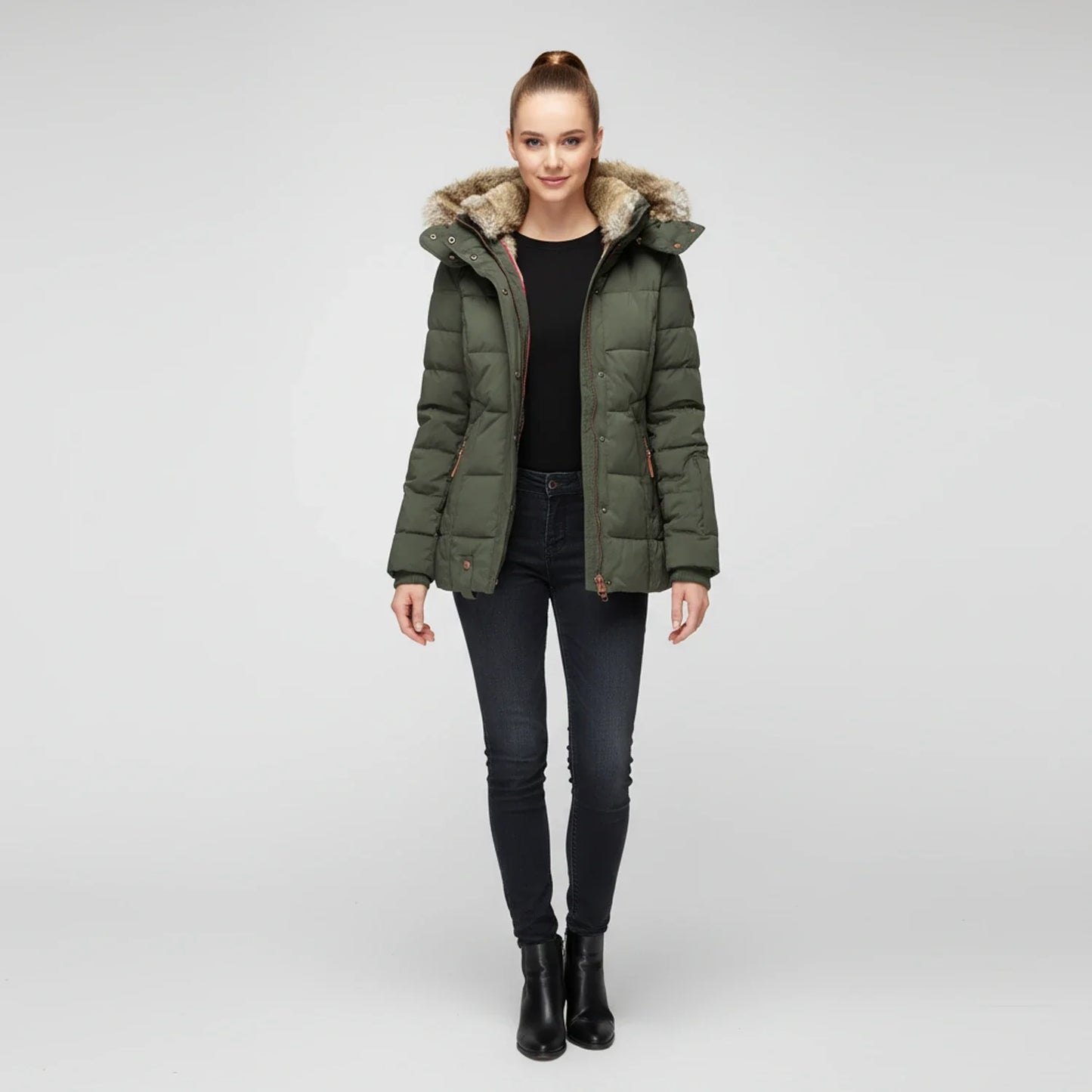 Women's Hooded Quilted Puffer Jacket — Faux Fur Trim 4