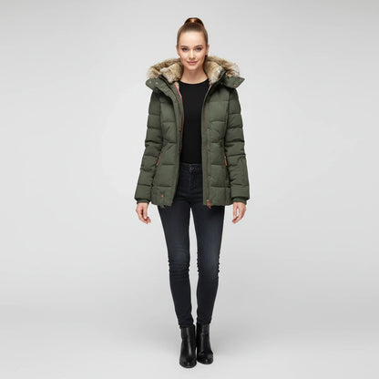 Women's Hooded Quilted Puffer Jacket — Faux Fur Trim 4
