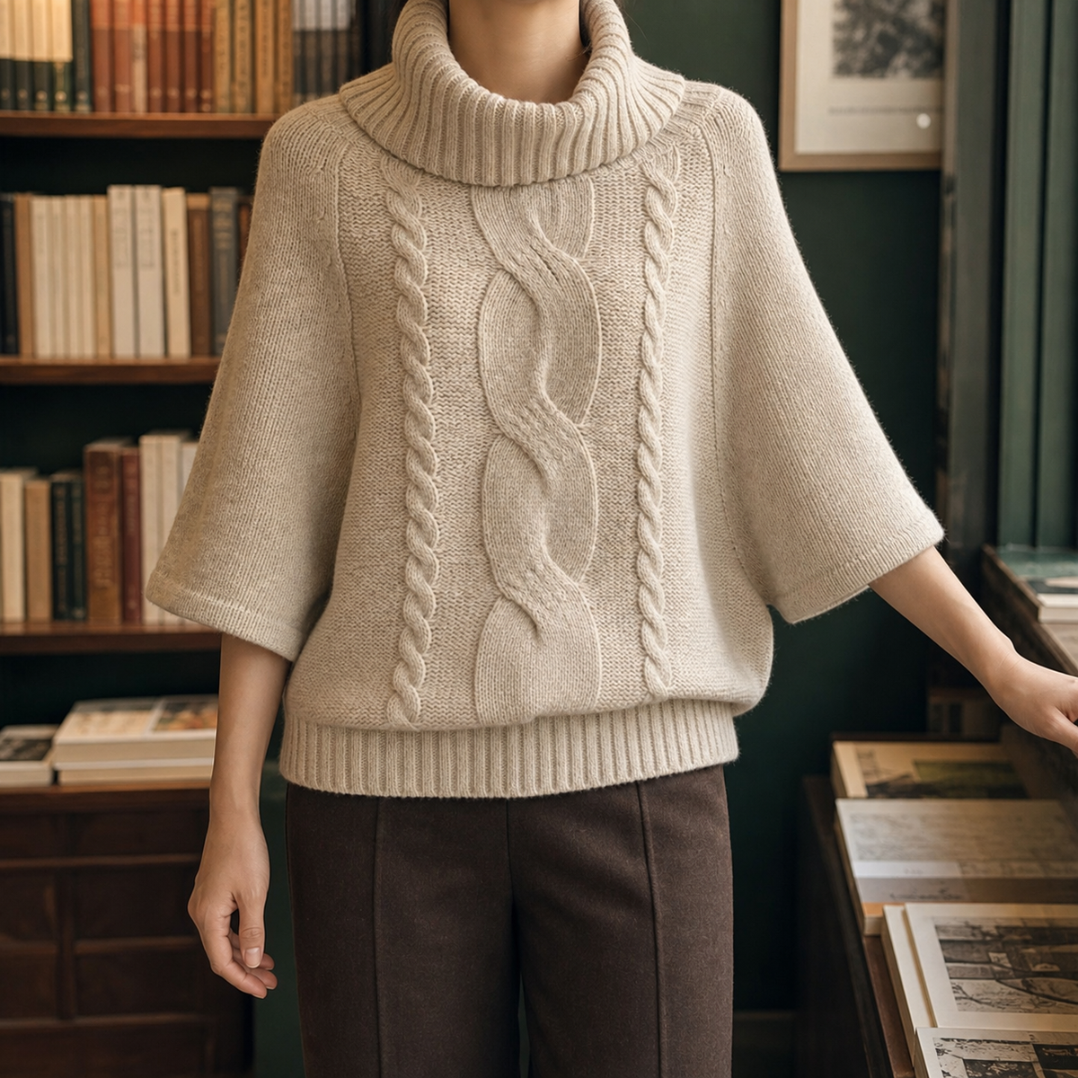 Women's Cable Knit Poncho — Cowl Neck & Batwing Sleeves 1