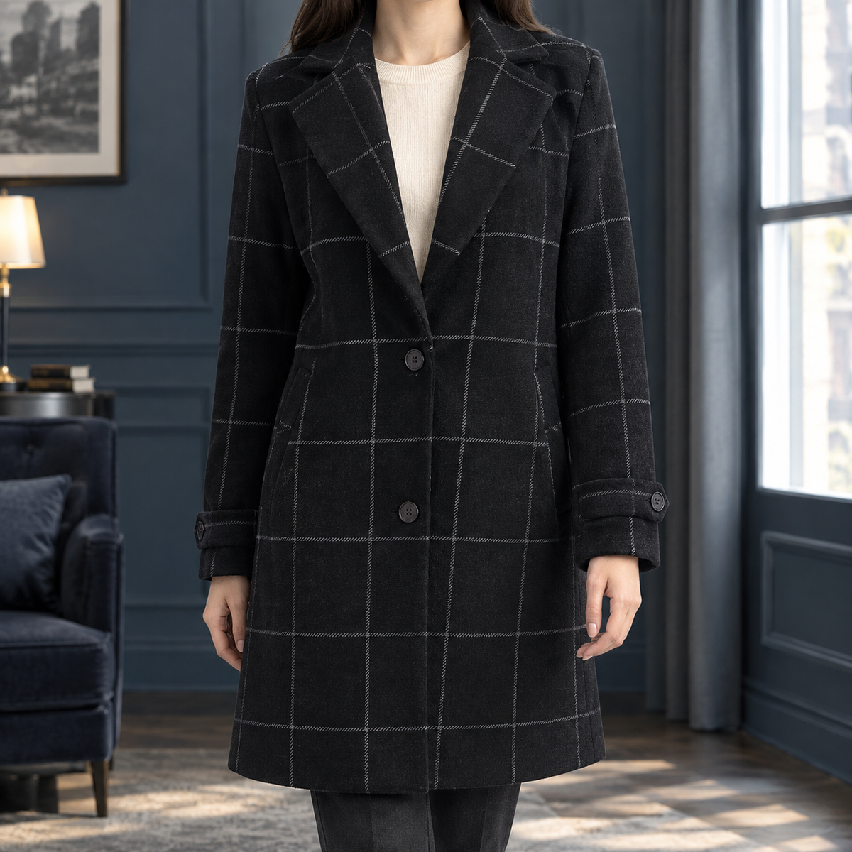 Women's Windowpane Coat — Notched Lapel Mid-Length Fit 1