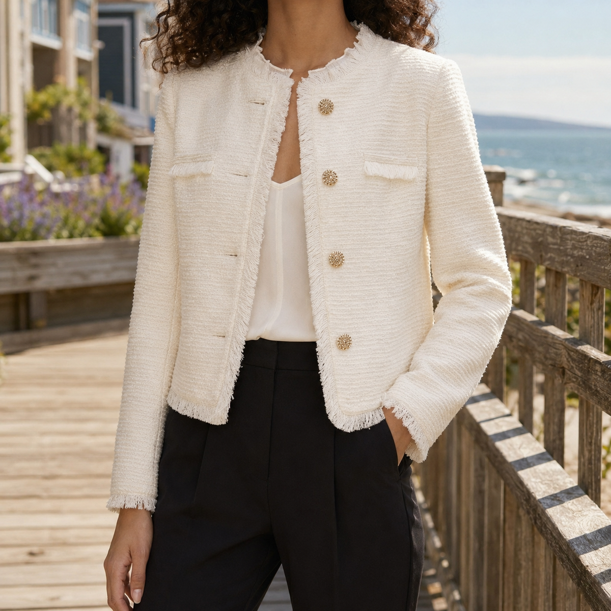 Calla Textured Jacket – Cropped Collarless Women's Blazer 1