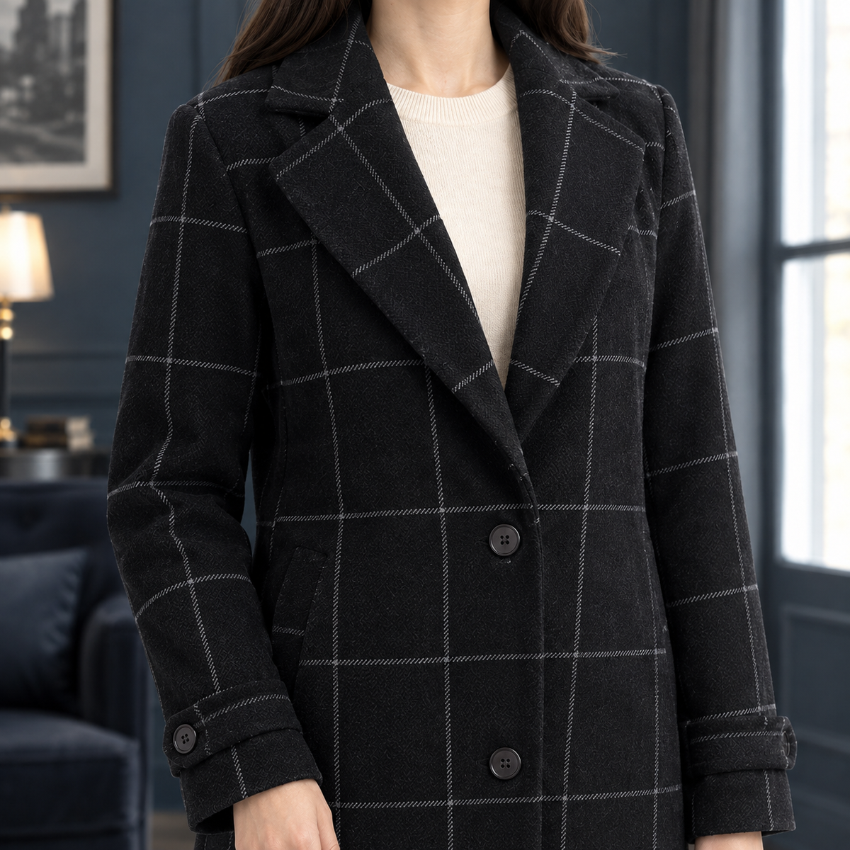 Women's Windowpane Coat — Notched Lapel Mid-Length Fit 2