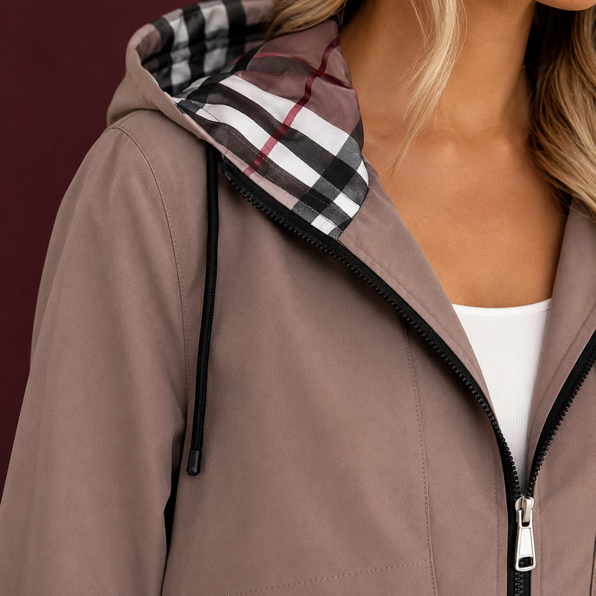 Women's Hooded Coat — Plaid-Lined Hood & Adjustable Waist 2