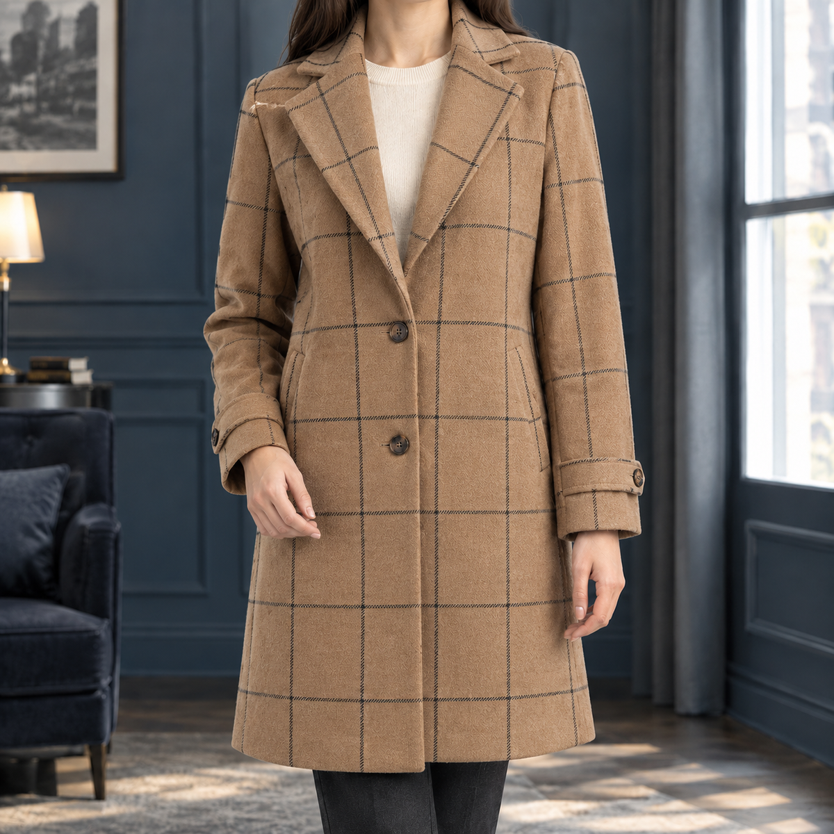 Women's Windowpane Coat — Notched Lapel Mid-Length Fit 3