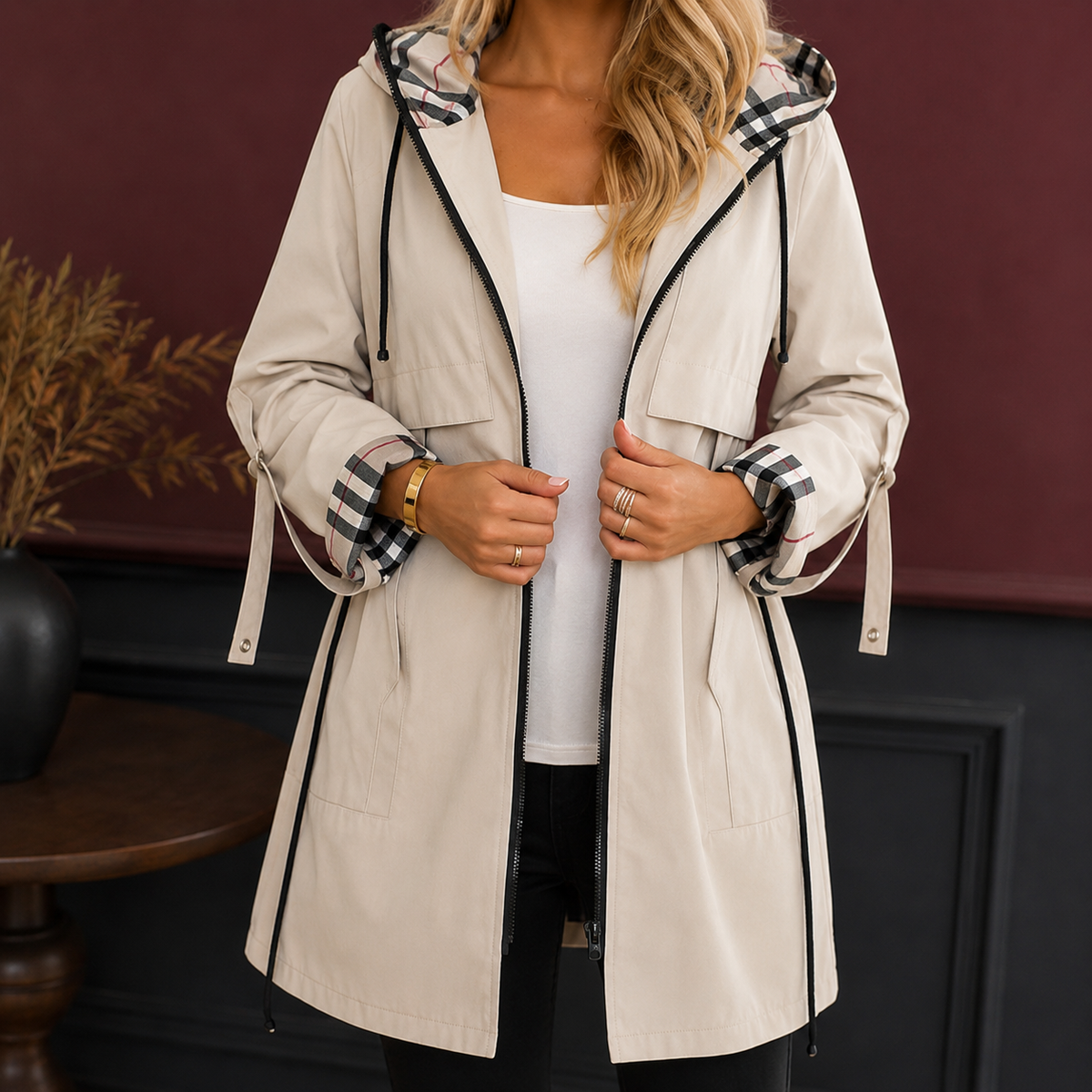 Women's Hooded Coat — Plaid-Lined Hood & Adjustable Waist 3