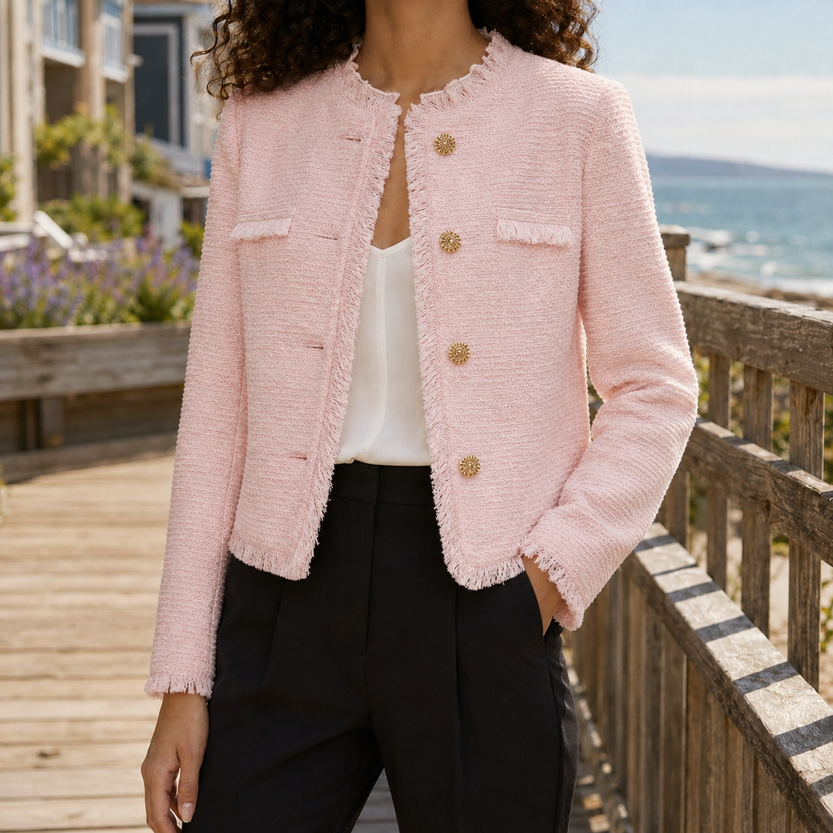 Calla Textured Jacket – Cropped Collarless Women's Blazer 4