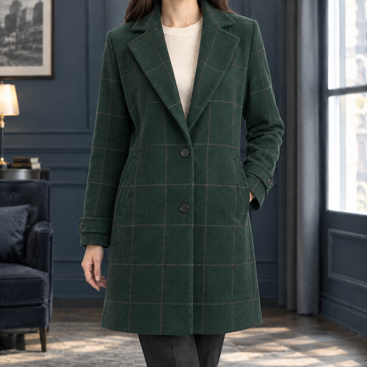 Women's Windowpane Coat — Notched Lapel Mid-Length Fit 4