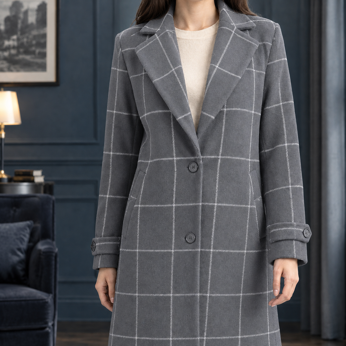 Women's Windowpane Coat — Notched Lapel Mid-Length Fit 5