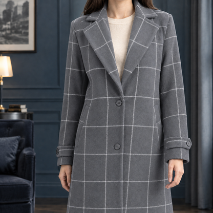 Women's Windowpane Coat — Notched Lapel Mid-Length Fit 5