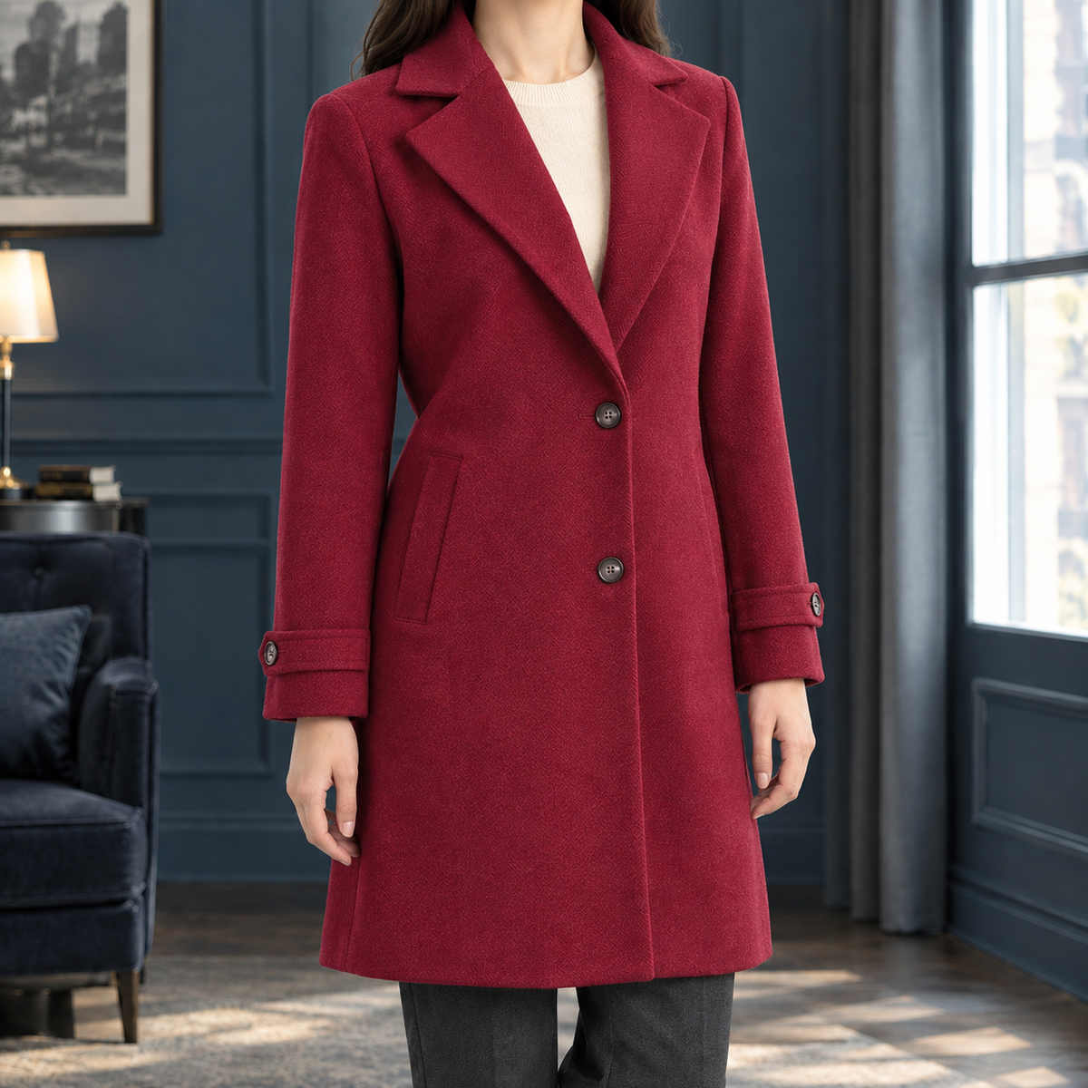 Women's Windowpane Coat — Notched Lapel Mid-Length Fit 6
