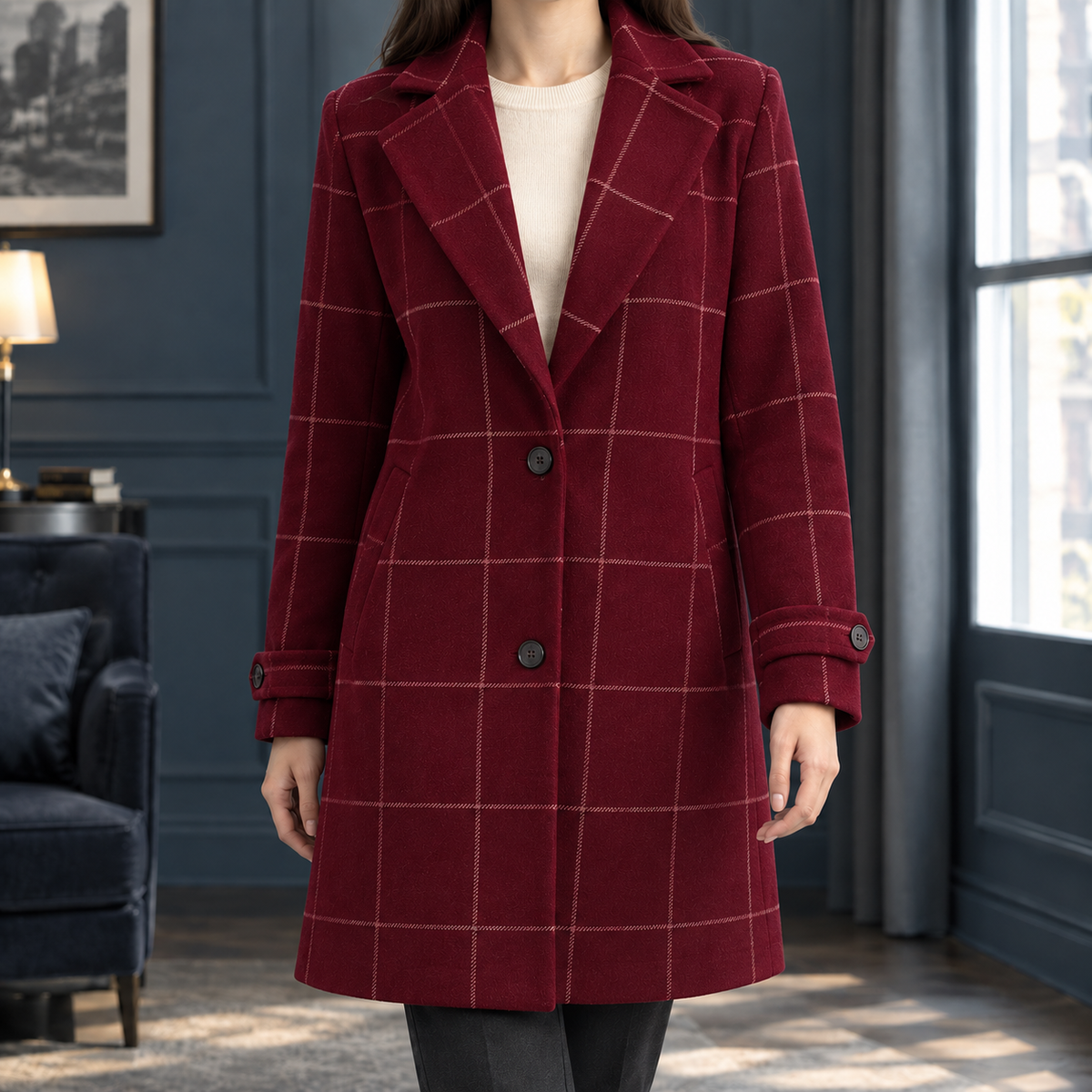 Women's Windowpane Coat — Notched Lapel Mid-Length Fit 7
