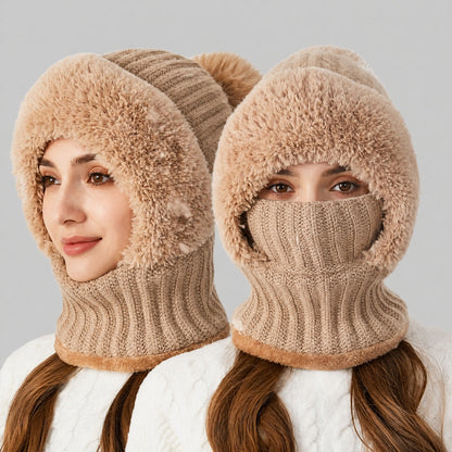 Women's Pom Pom Hooded Balaclava Hat with Neck Warmer 6
