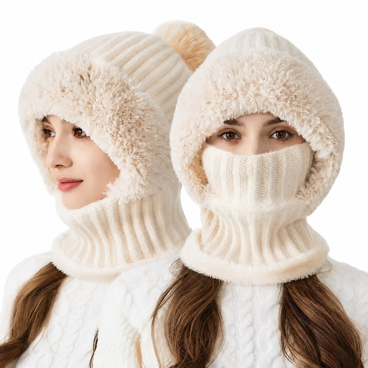 Women's Pom Pom Hooded Balaclava Hat with Neck Warmer 1
