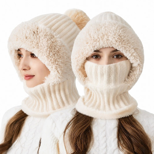 Women's Pom Pom Hooded Balaclava Hat with Neck Warmer 1