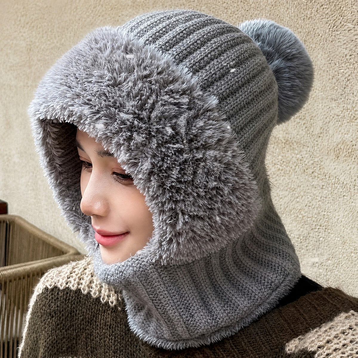 Women's Pom Pom Hooded Balaclava Hat with Neck Warmer 2