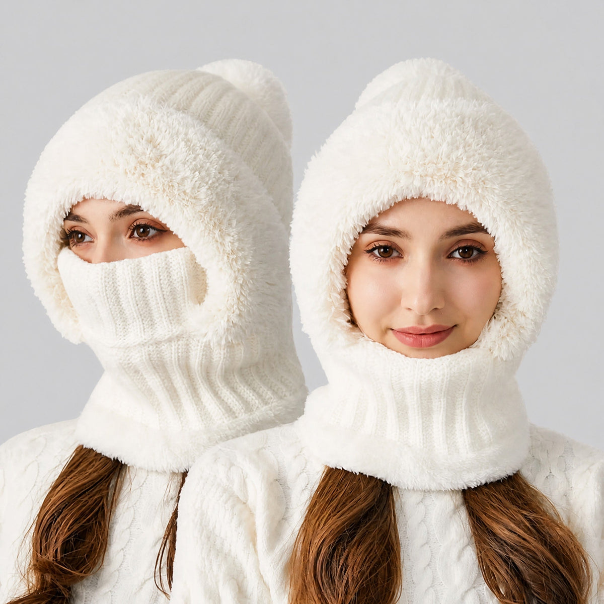 Women's Pom Pom Hooded Balaclava Hat with Neck Warmer 5