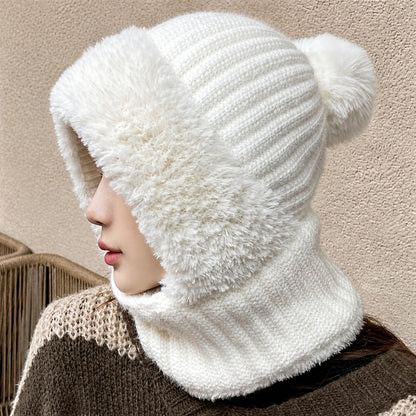Women's Pom Pom Hooded Balaclava Hat with Neck Warmer 3