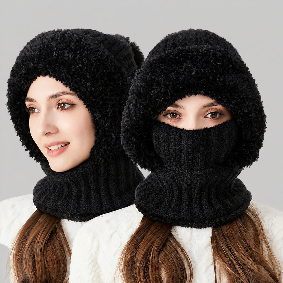 Women's Pom Pom Hooded Balaclava Hat with Neck Warmer 4