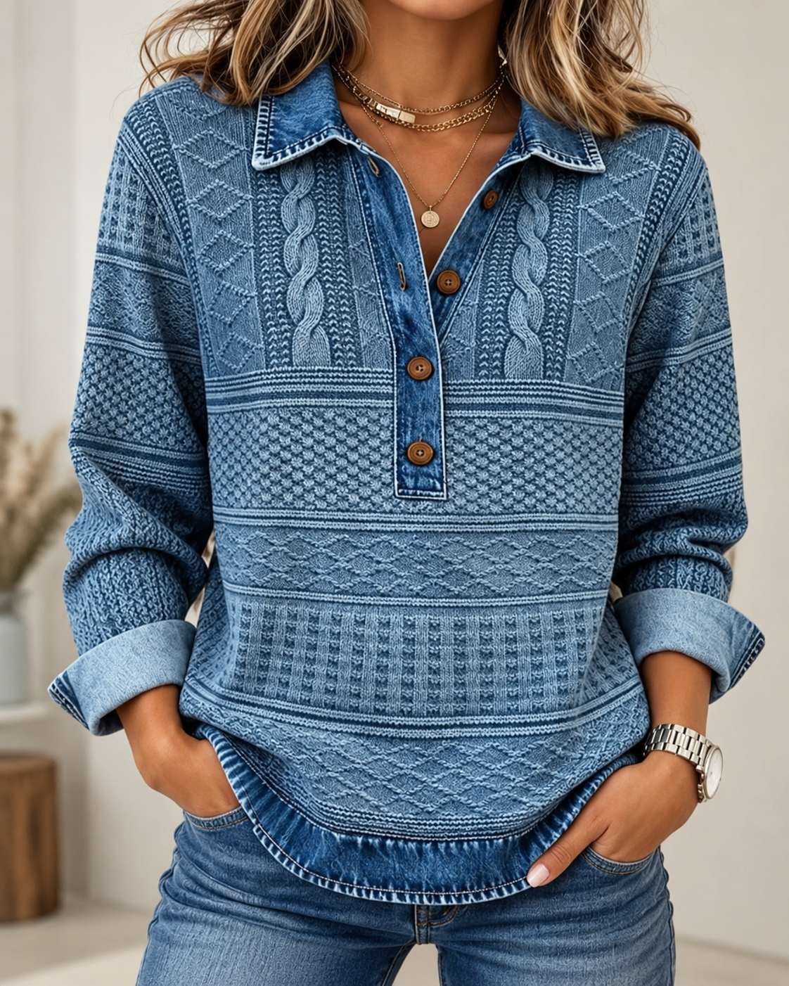 Jillian Structured Denim Sweater with Knit Texture & Button Collar