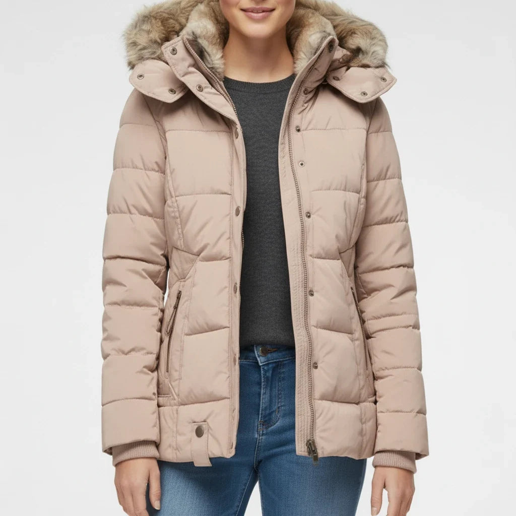 Women's Hooded Quilted Puffer Jacket — Faux Fur Trim 9