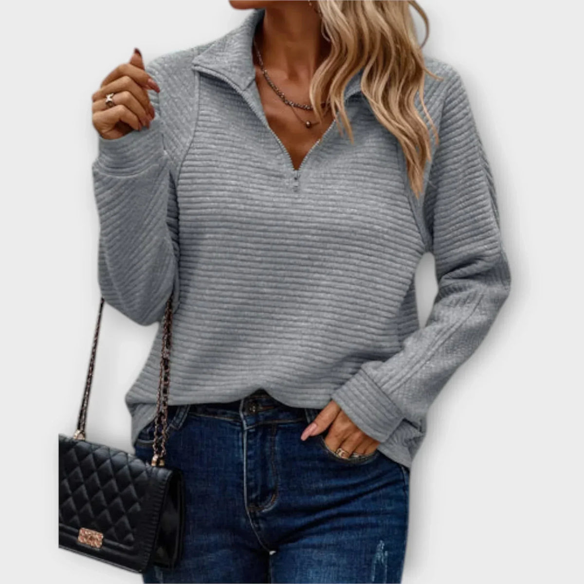Women's Half-Zip Jumper — Collared V-Neck, Relaxed Fit, Knit Pullover