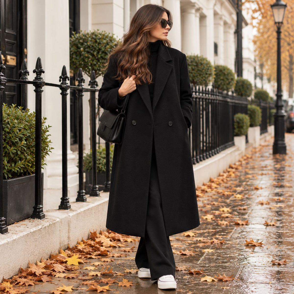 Double-Breasted Mid-Length Coat in Black