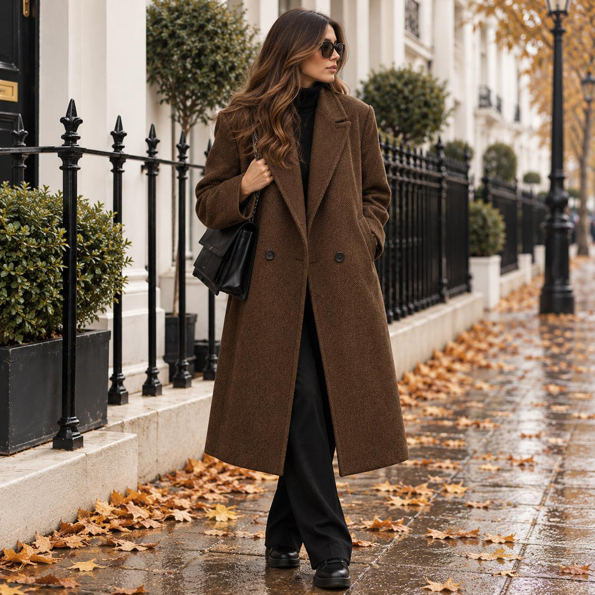 Double-Breasted Mid-Length Coat in Coffee
