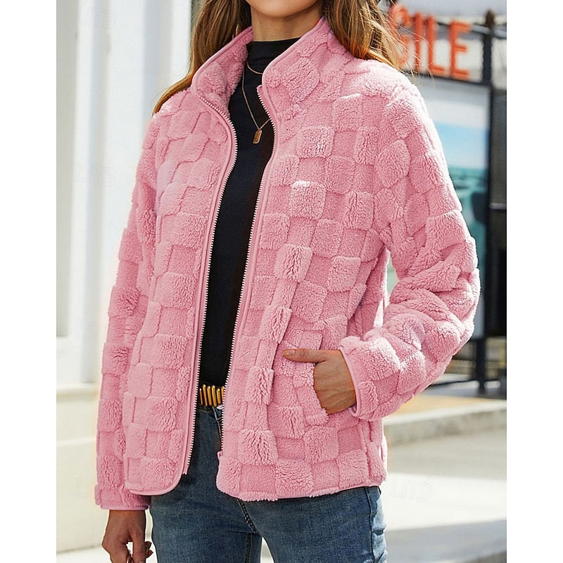 Checkerboard Fleece Jacket with Stand Collar — Relaxed Fit 5