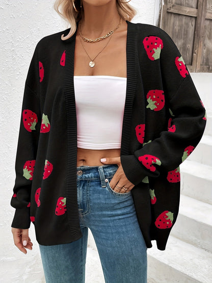 Strawberry Motif Knit Cardigan — Oversized Button Front 2