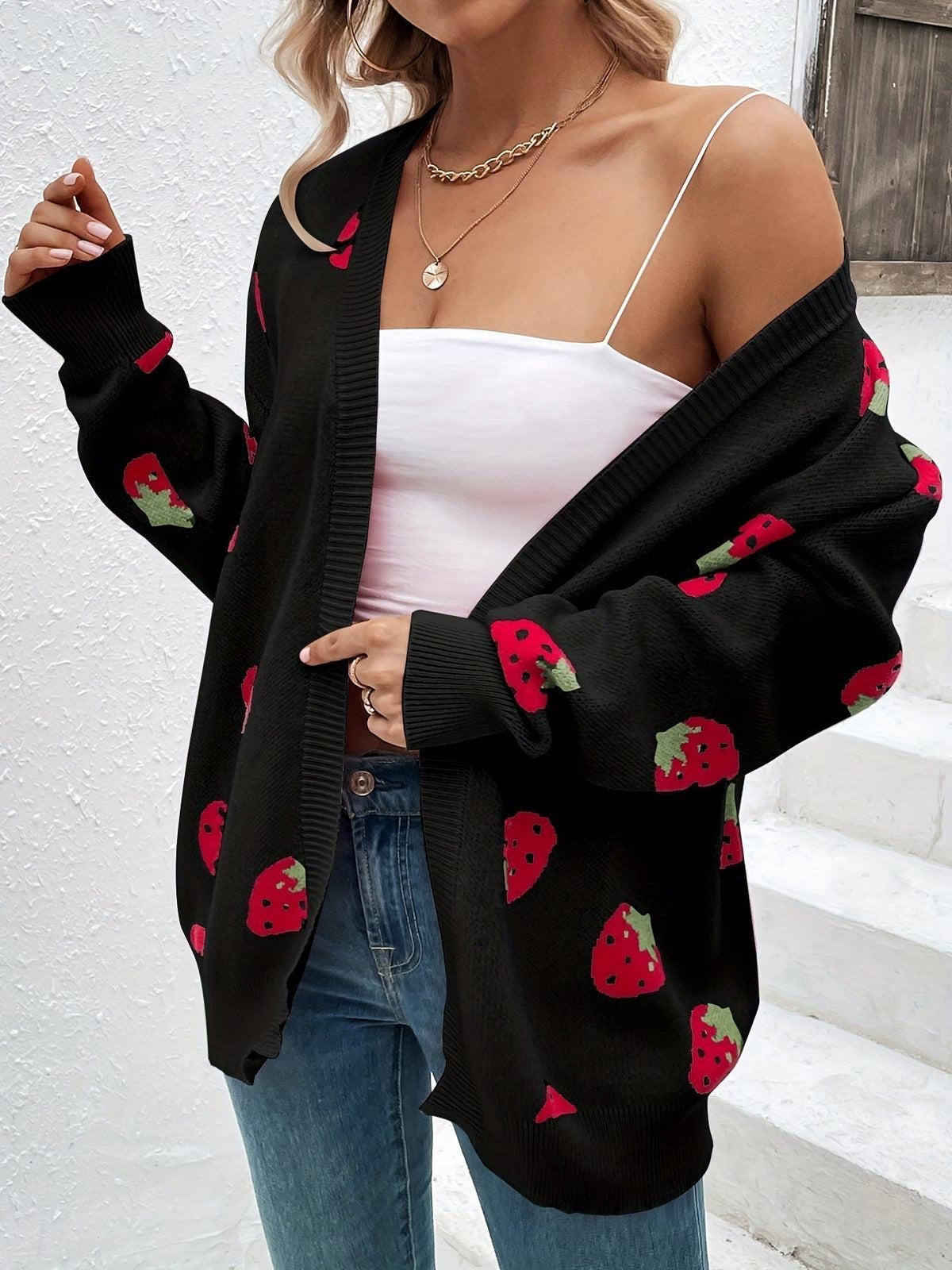 Strawberry Motif Knit Cardigan — Oversized Button Front 8