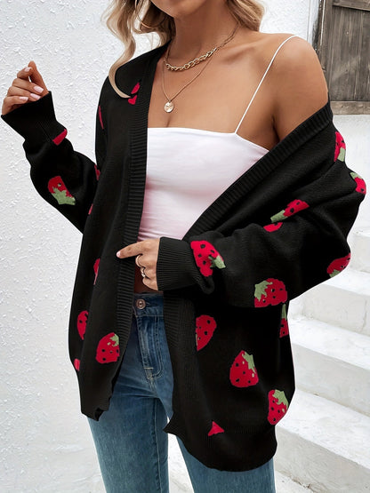 Strawberry Motif Knit Cardigan — Oversized Button Front 8