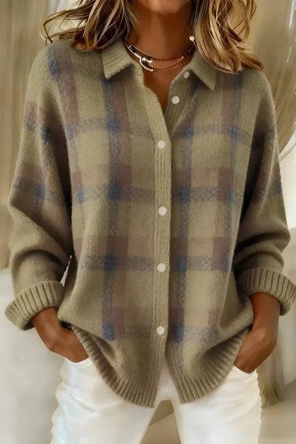 Women's Plaid Knit Cardigan — Shirt Collar, Button-Front, Relaxed Fit