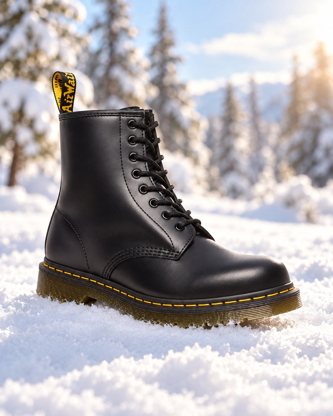 Black unisex lace-up boot in vegan leather standing in sunny snow