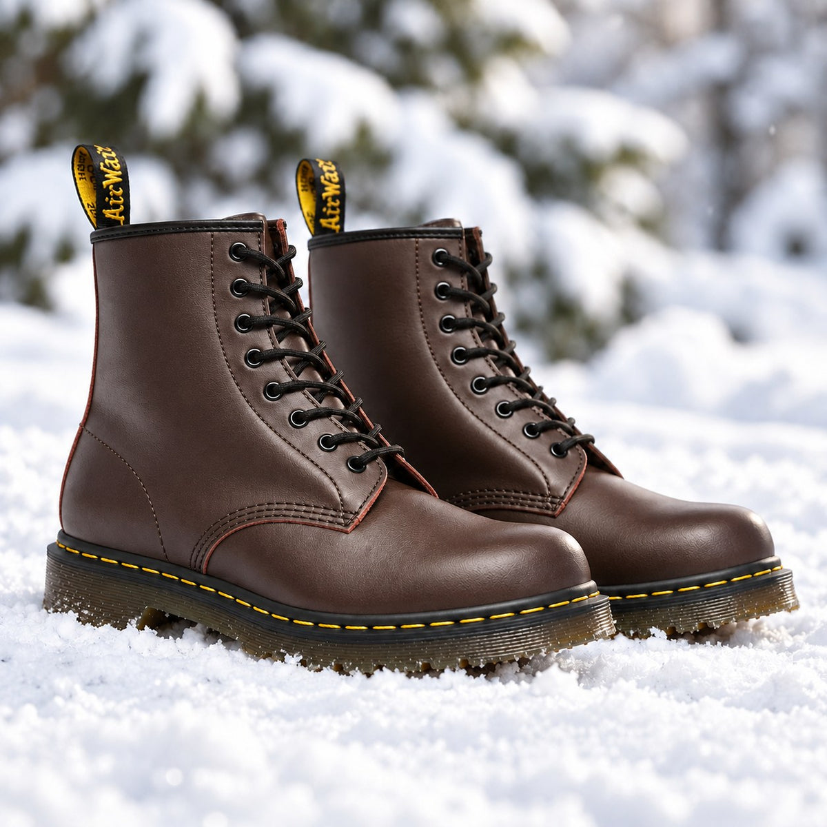 Brown vegan leather lace-up boots in the snow