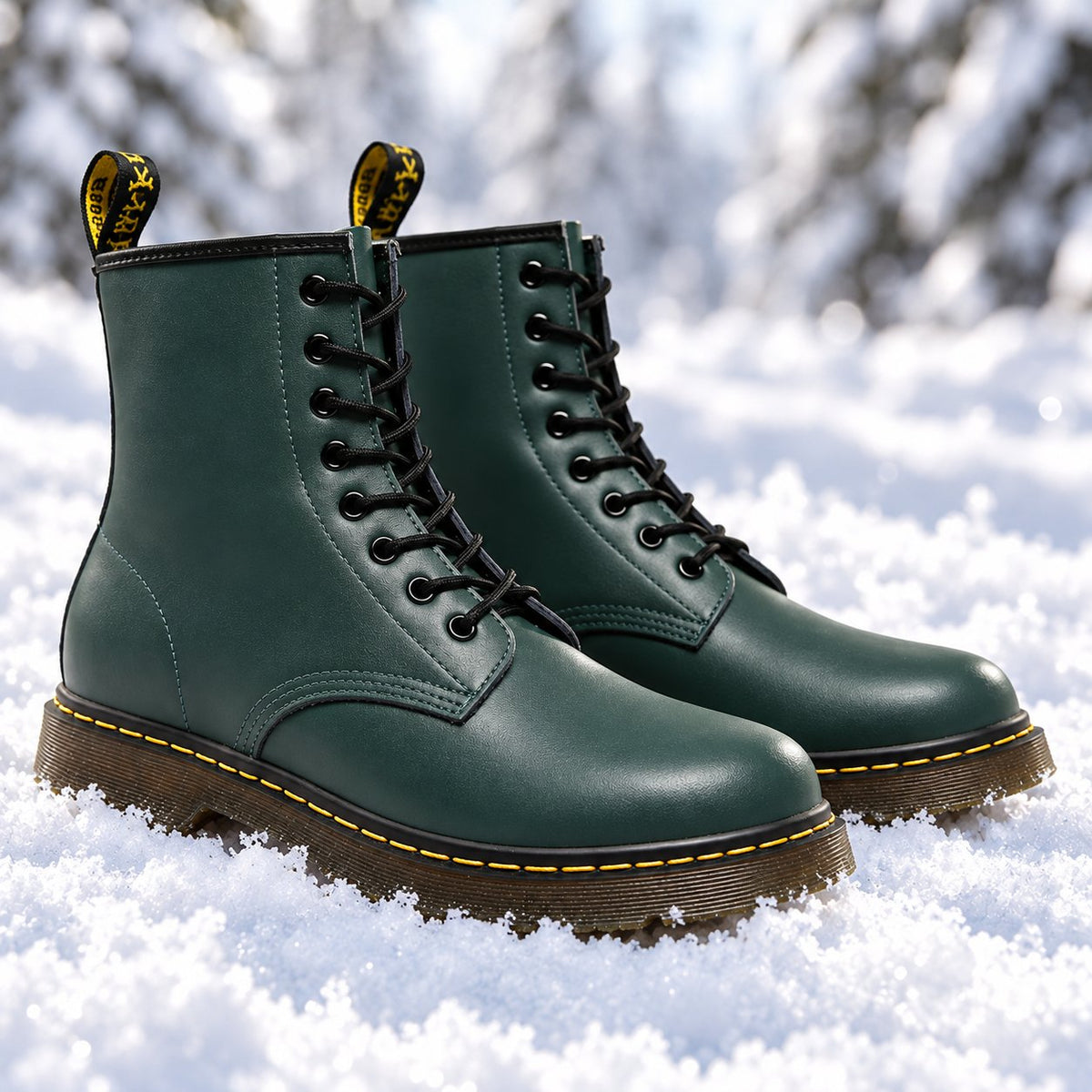 Green vegan leather lace-up boots in the snow