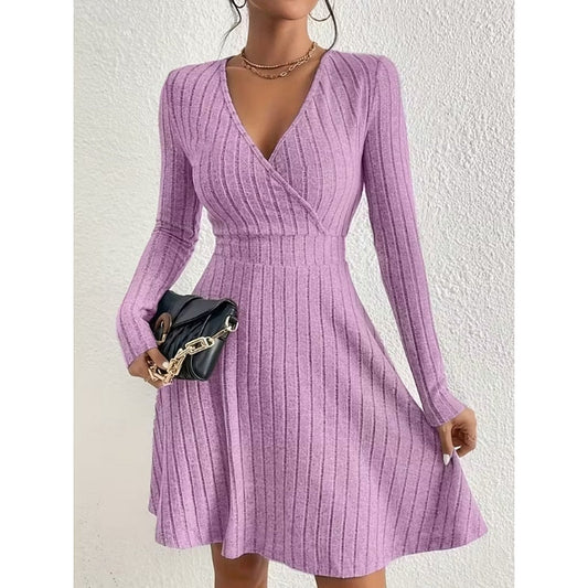 Ribbed Knit Wrap Mini Dress — V-Neckline Long Sleeves 1