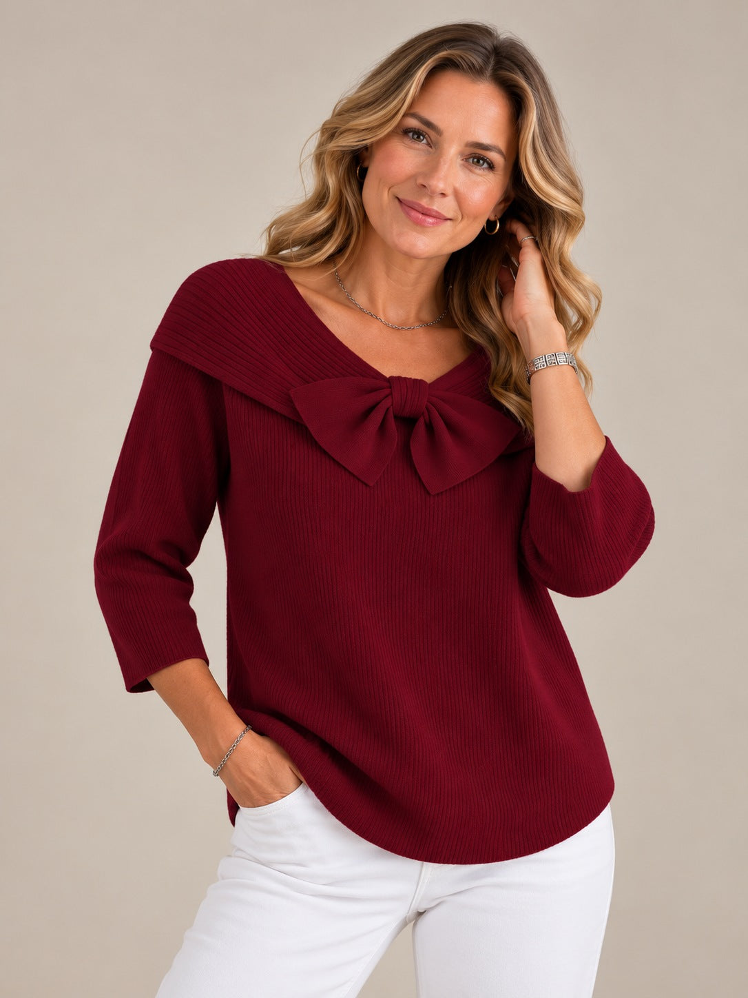 Neeko Elegant Bow Sweater — Fitted Feminine Knit Top
