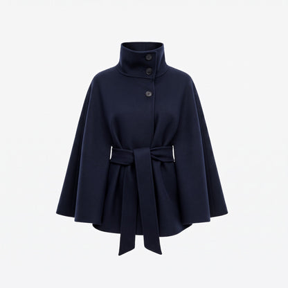 Women's Belted Cape Coat — High-Neck Button Collar 8