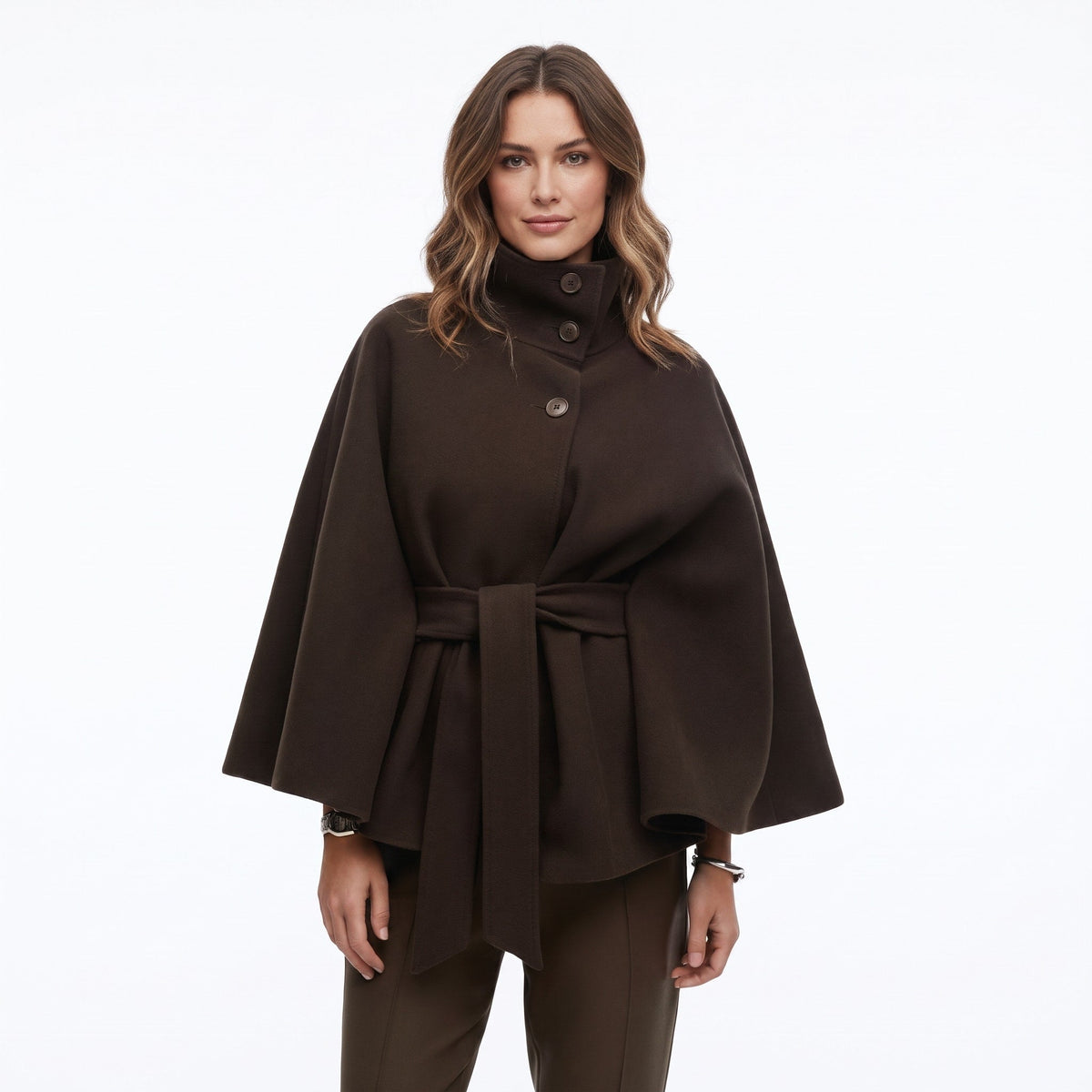 Women's Belted Cape Coat — High-Neck Button Collar 2