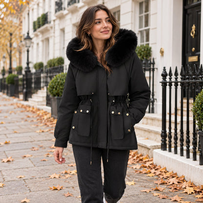 Short Parka Jacket with Faux Fur Hood & Padded Lining in Black