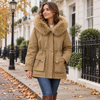 Padded Parka Jacket with Fur-Trim Hood & Cinched Waist in Khaki