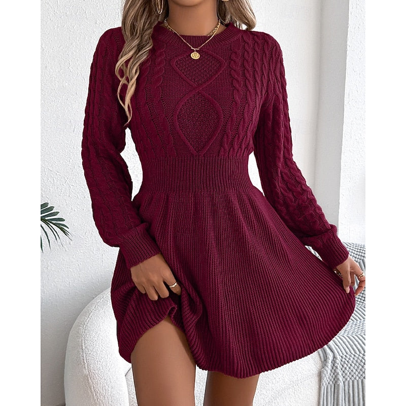 Cable Knit Sweater Dress — Fitted Waist & Flared Mini Skirt 6