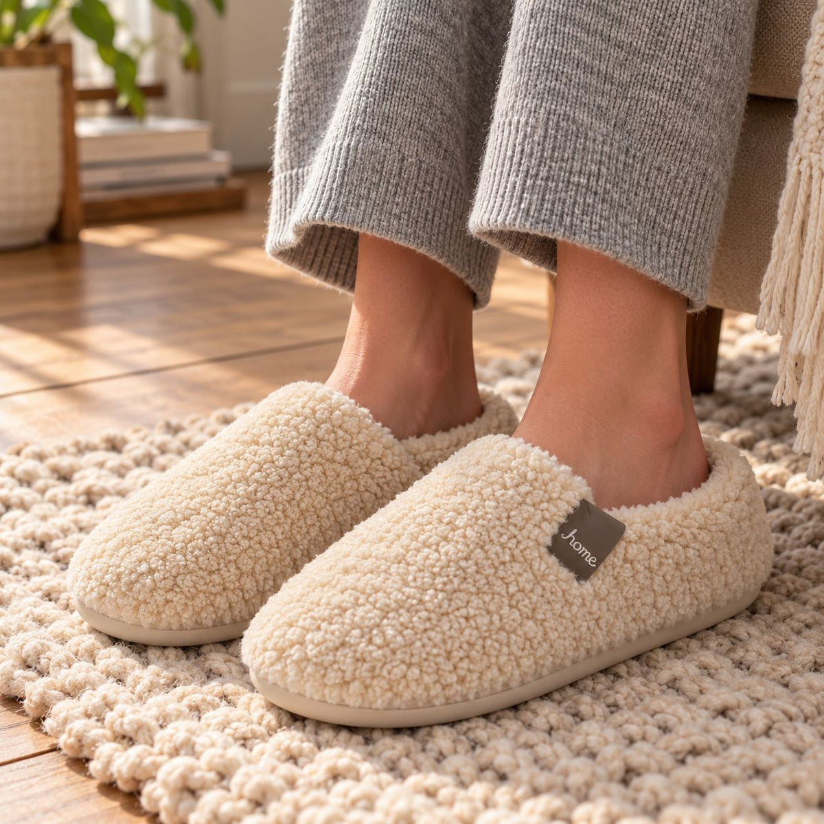 Plush Fleece Indoor Slippers with Non-Slip TPR Sole in Beige