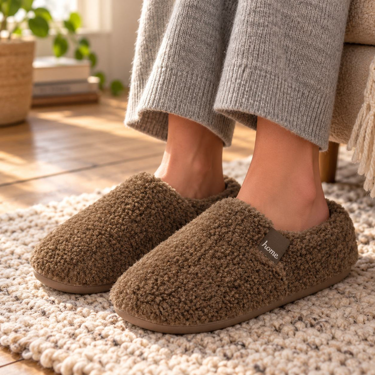Plush Fleece Indoor Slippers with Non-Slip TPR Sole in Dark Brown